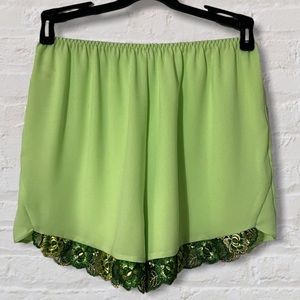 Rosshi Lime Green Sheer Polyester Dark Green Lace Trim Pajama Bottoms Shorts